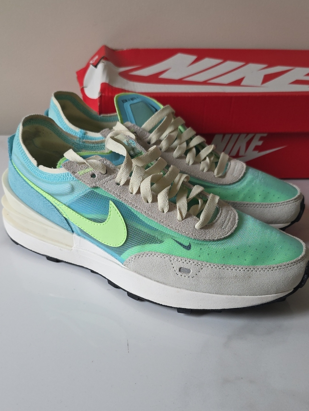 Nike Women’s Waffle One Mint Green Teal Sneakers with Neon Swoosh